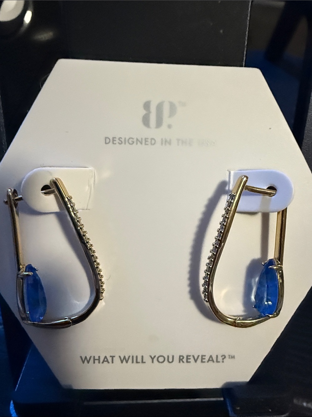 bp Gold plated Drop Earrings with Blue Teardrop Stones “Waves that Won’t Crash”